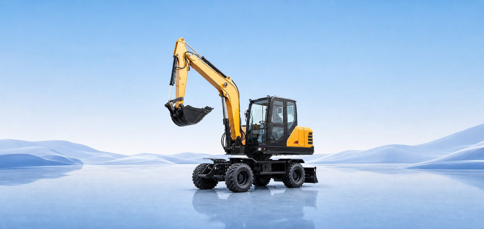 Used yellow wheeled construction machine prepared for export